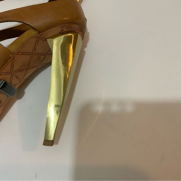 L.A.M.B. Tan Leather And Suede Strappy Sandals With Gold Heel Size 6 M - Picture 9 of 15